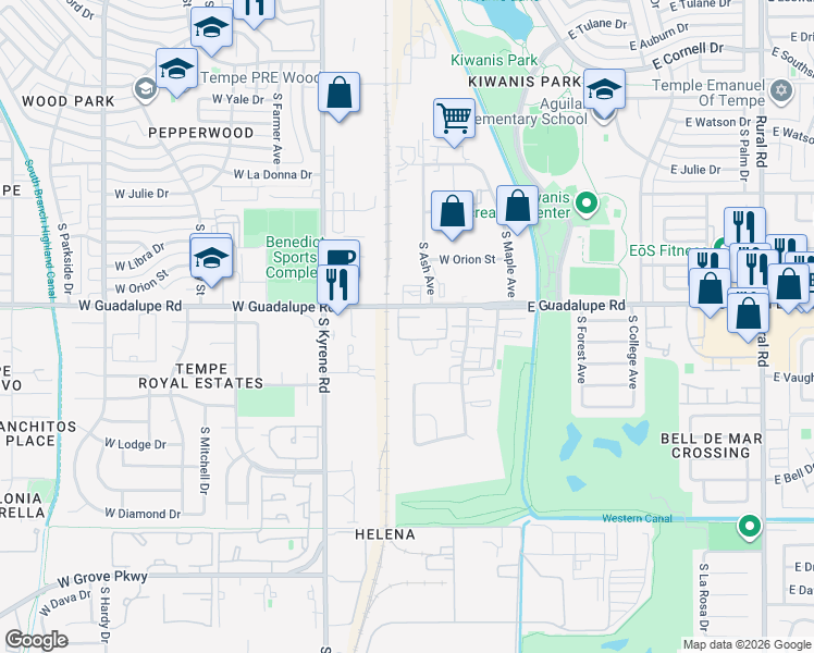 map of restaurants, bars, coffee shops, grocery stores, and more near 311 West Guadalupe Road in Tempe
