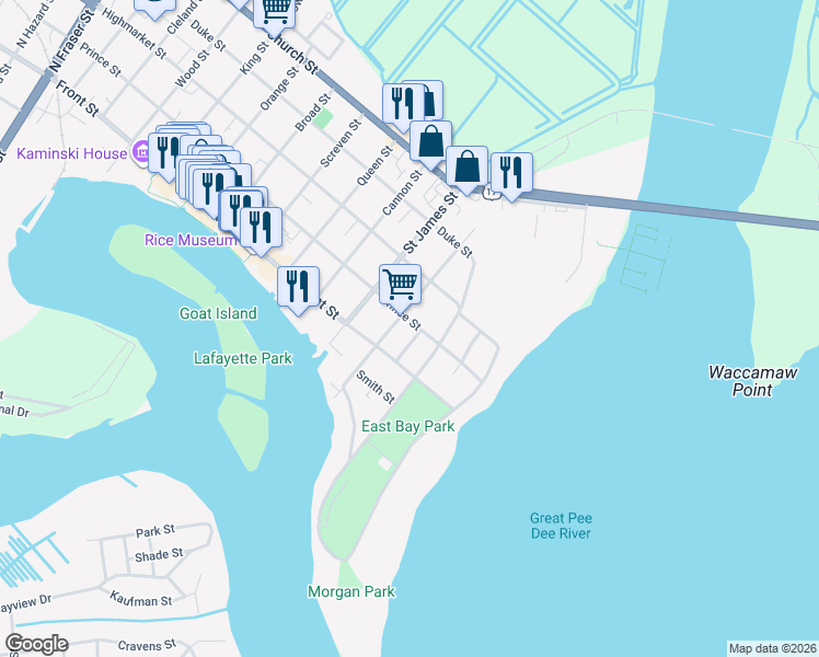 map of restaurants, bars, coffee shops, grocery stores, and more near 225 Prince Street in Georgetown