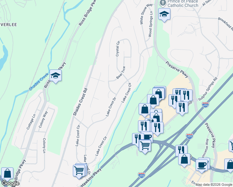 map of restaurants, bars, coffee shops, grocery stores, and more near 1201 Hibiscus Drive in Hoover