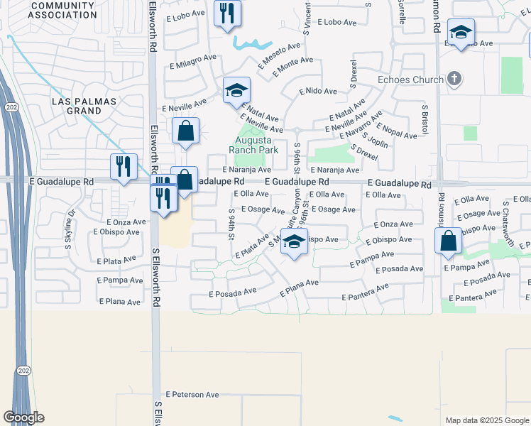 map of restaurants, bars, coffee shops, grocery stores, and more near 9511 East Osage Avenue in Mesa