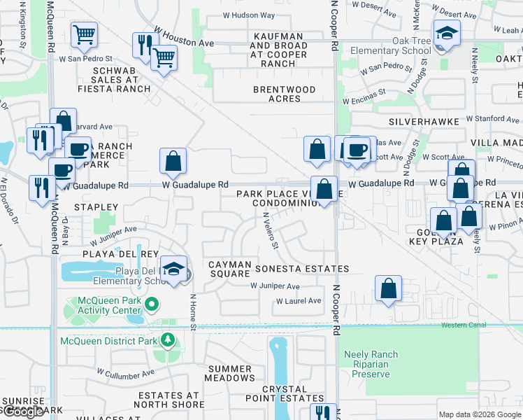 map of restaurants, bars, coffee shops, grocery stores, and more near 730 North Velero Street in Gilbert