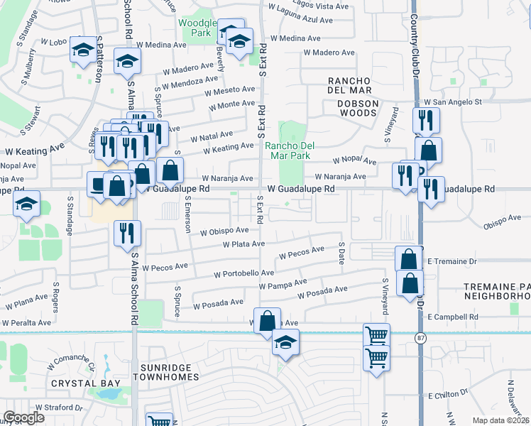 map of restaurants, bars, coffee shops, grocery stores, and more near 2855 South Extension Road in Mesa