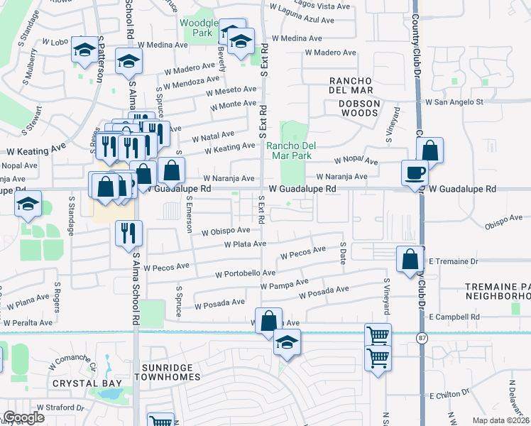 map of restaurants, bars, coffee shops, grocery stores, and more near 2834 South Extension Road in Mesa
