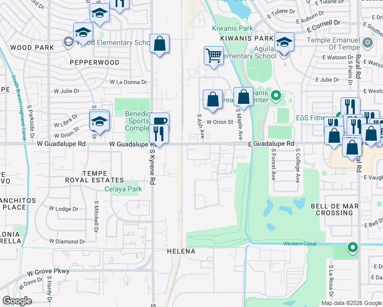 map of restaurants, bars, coffee shops, grocery stores, and more near 311 E Guadalupe Rd in Tempe