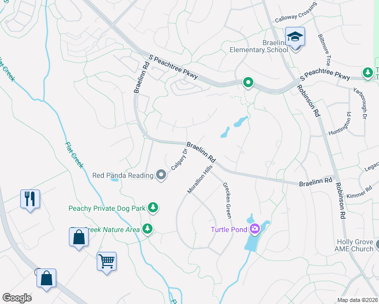 map of restaurants, bars, coffee shops, grocery stores, and more near 203 Calgary Drive in Peachtree City