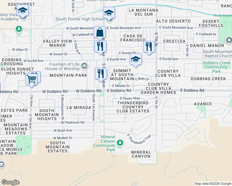 map of restaurants, bars, coffee shops, grocery stores, and more near 121 East Dobbins Road in Phoenix