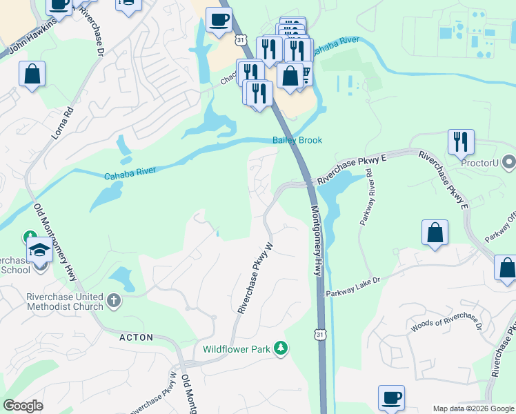 map of restaurants, bars, coffee shops, grocery stores, and more near 610 Riverchase Parkway East in Hoover