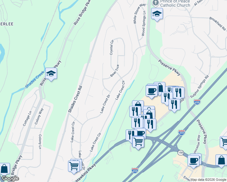 map of restaurants, bars, coffee shops, grocery stores, and more near 1201 Hibiscus Drive in Hoover