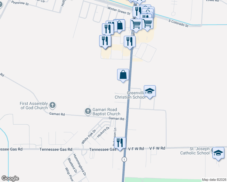 map of restaurants, bars, coffee shops, grocery stores, and more near 2007 Mississippi 1 in Greenville