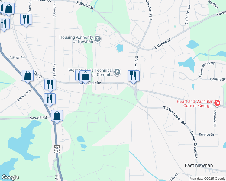map of restaurants, bars, coffee shops, grocery stores, and more near 30 Cliff Circle in Newnan