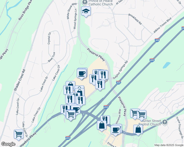 map of restaurants, bars, coffee shops, grocery stores, and more near 5513 Grove Boulevard in Hoover