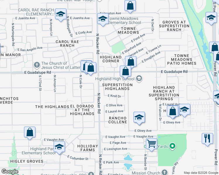 map of restaurants, bars, coffee shops, grocery stores, and more near 4068 East Pinon Way in Gilbert