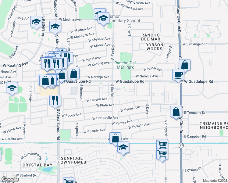 map of restaurants, bars, coffee shops, grocery stores, and more near 2834 South Extension Road in Mesa