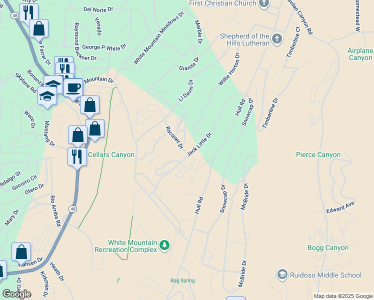 map of restaurants, bars, coffee shops, grocery stores, and more near 102 B Racquet Drive in Ruidoso