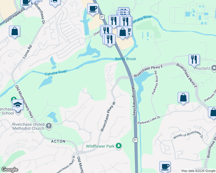 map of restaurants, bars, coffee shops, grocery stores, and more near 610 Riverchase Parkway East in Hoover