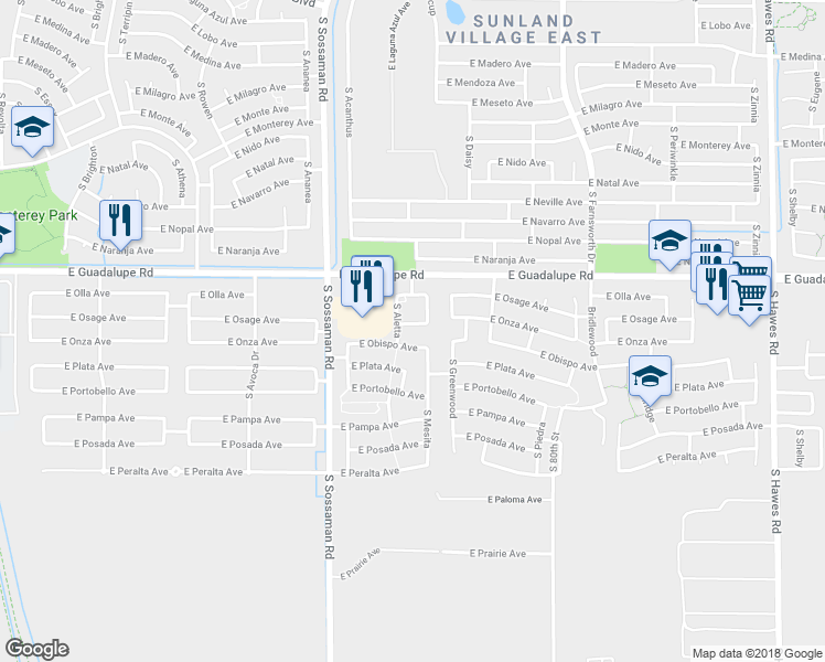 map of restaurants, bars, coffee shops, grocery stores, and more near 7737 East Onza Avenue in Mesa