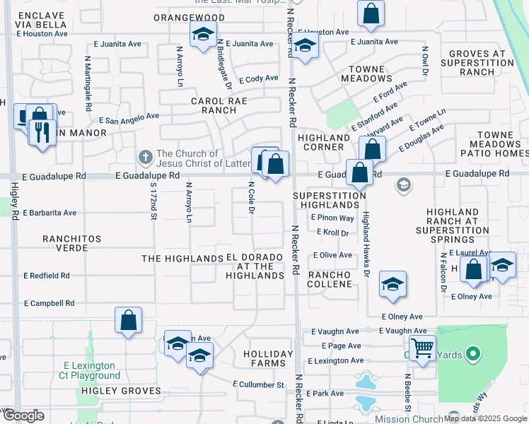 map of restaurants, bars, coffee shops, grocery stores, and more near 3920 East Pinon Court in Gilbert