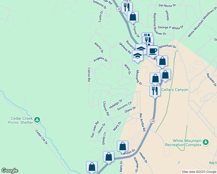 map of restaurants, bars, coffee shops, grocery stores, and more near 342-398 Coconino Lane in Ruidoso