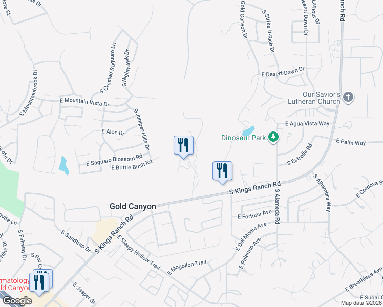 map of restaurants, bars, coffee shops, grocery stores, and more near 6110 South Kings Ranch Road in Gold Canyon