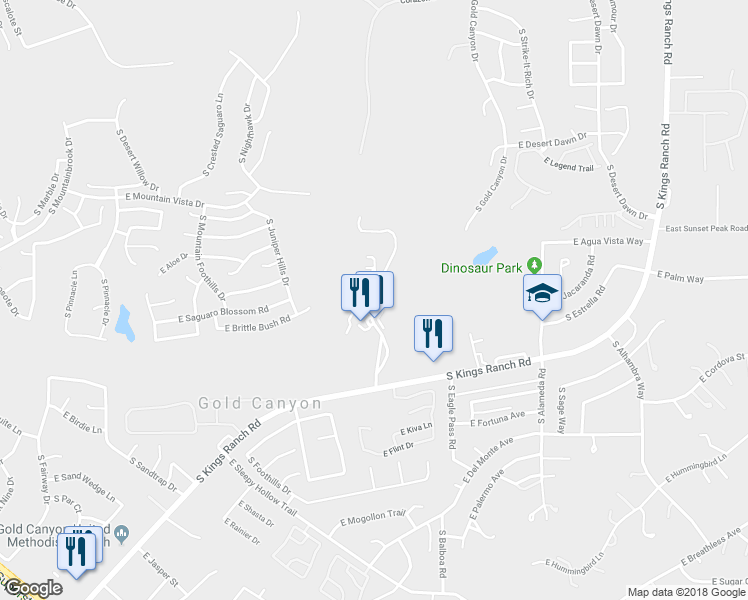 map of restaurants, bars, coffee shops, grocery stores, and more near 6110 South Kings Ranch Road in Gold Canyon