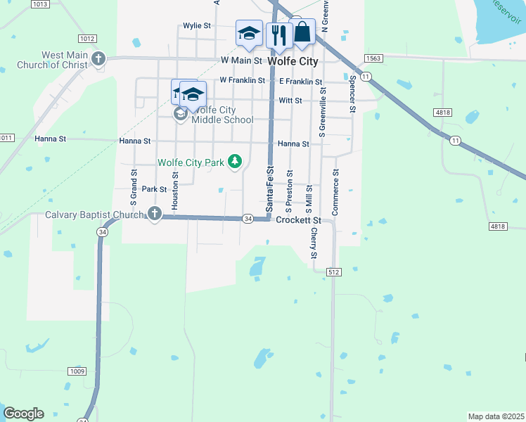 map of restaurants, bars, coffee shops, grocery stores, and more near 706 Santa Fe Street in Wolfe City