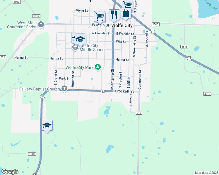 map of restaurants, bars, coffee shops, grocery stores, and more near 706 Santa Fe Street in Wolfe City
