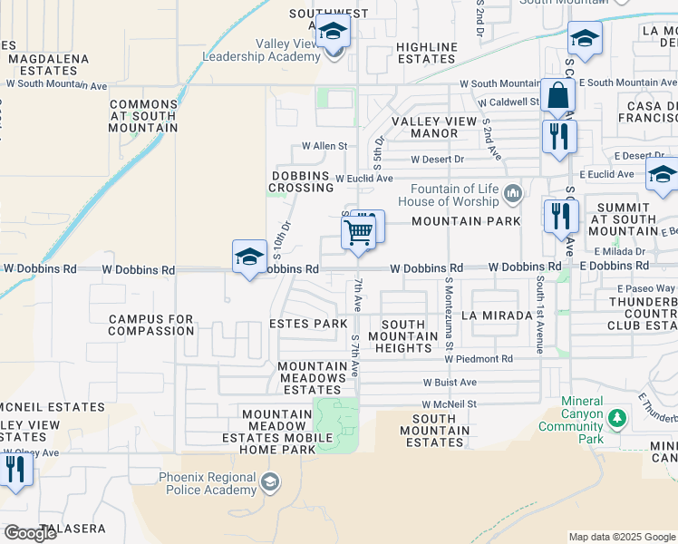 map of restaurants, bars, coffee shops, grocery stores, and more near 723 West Dobbins Road in Phoenix