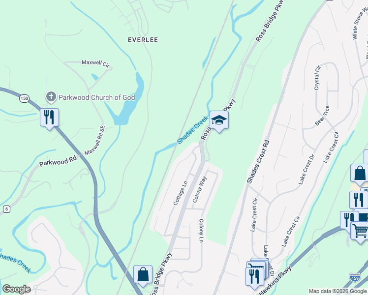 map of restaurants, bars, coffee shops, grocery stores, and more near 4995 Ross Bridge Parkway in Birmingham