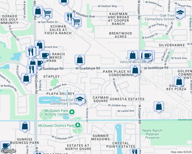 map of restaurants, bars, coffee shops, grocery stores, and more near 726 North Cambridge Street in Gilbert