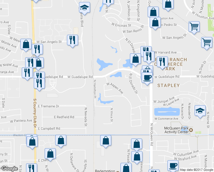 map of restaurants, bars, coffee shops, grocery stores, and more near 1903 W Aspen Ave in Gilbert