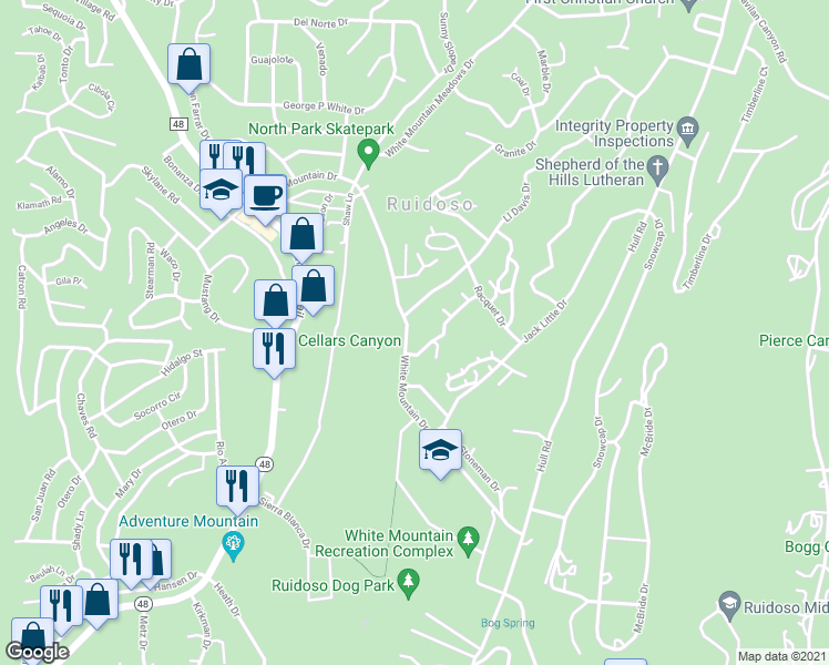 map of restaurants, bars, coffee shops, grocery stores, and more near 502 White Mountain Drive in Ruidoso
