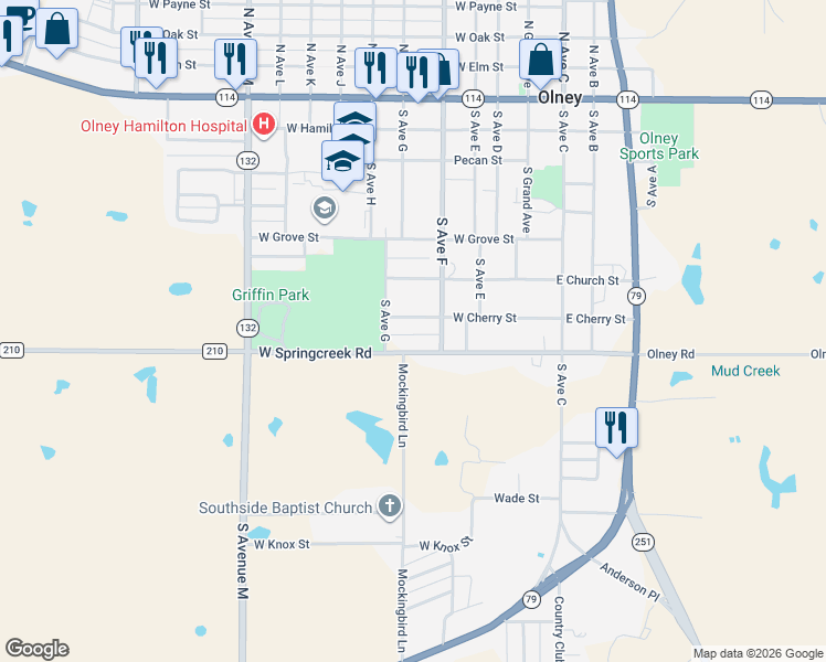 map of restaurants, bars, coffee shops, grocery stores, and more near 413 West Cherry Street in Olney