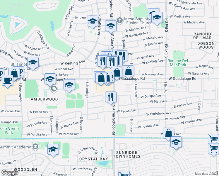 map of restaurants, bars, coffee shops, grocery stores, and more near 1225 West Guadalupe Road in Mesa
