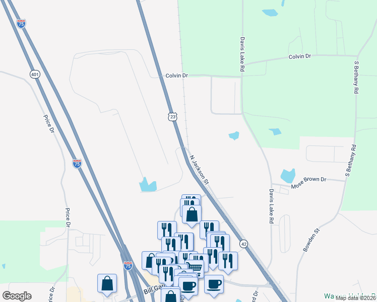 map of restaurants, bars, coffee shops, grocery stores, and more near 3194 Georgia 42 in Locust Grove