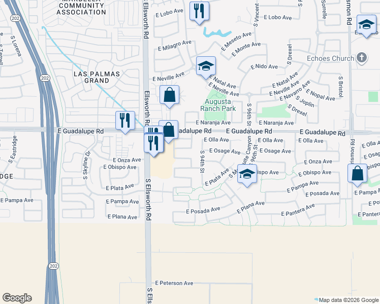 map of restaurants, bars, coffee shops, grocery stores, and more near 9323 East Osage Avenue in Mesa