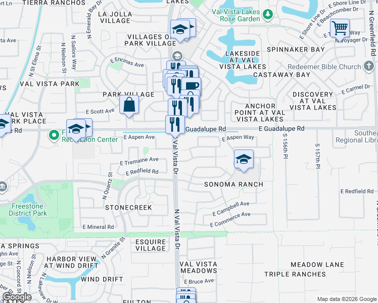 map of restaurants, bars, coffee shops, grocery stores, and more near 1645 East Barbarita Avenue in Gilbert