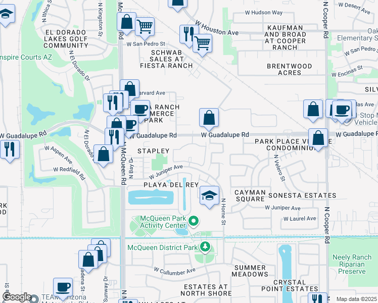 map of restaurants, bars, coffee shops, grocery stores, and more near 1333 West Guadalupe Road in Gilbert