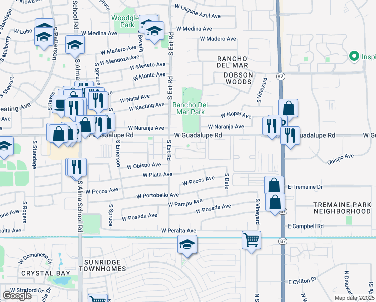 map of restaurants, bars, coffee shops, grocery stores, and more near 2855 South Extension Road in Mesa