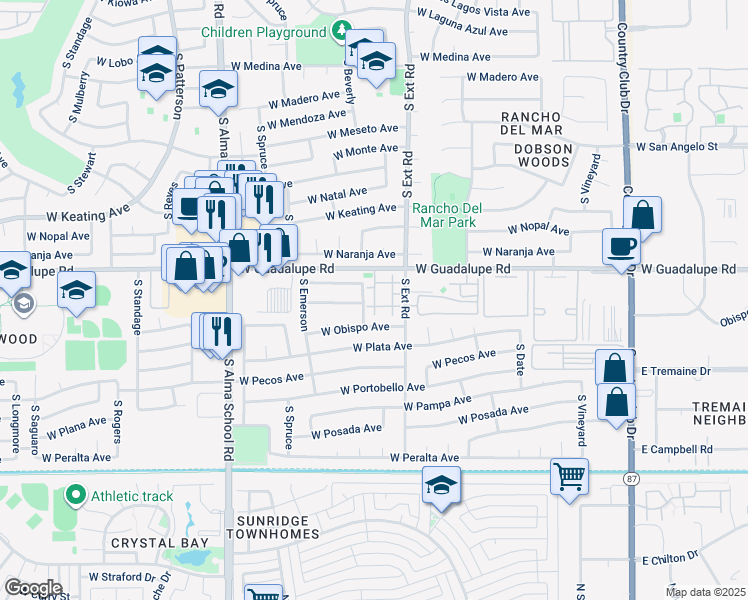 map of restaurants, bars, coffee shops, grocery stores, and more near 905 West Osage Avenue in Mesa