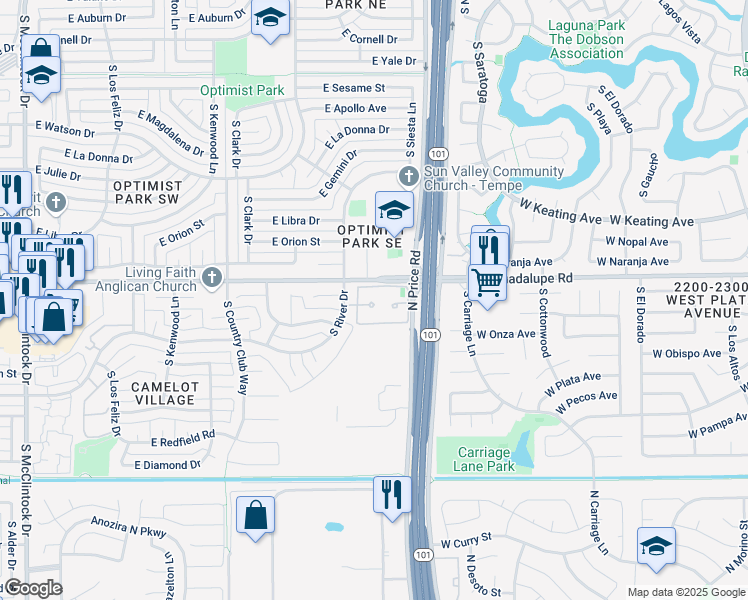 map of restaurants, bars, coffee shops, grocery stores, and more near 6411 South River Drive in Tempe