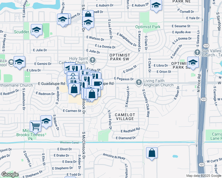 map of restaurants, bars, coffee shops, grocery stores, and more near 1875 East Guadalupe Road in Tempe