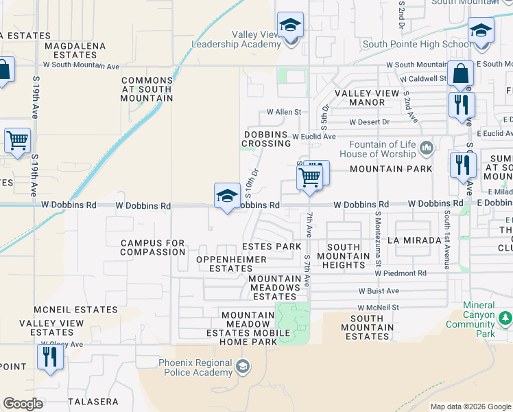map of restaurants, bars, coffee shops, grocery stores, and more near 925 West Dobbins Road in Phoenix