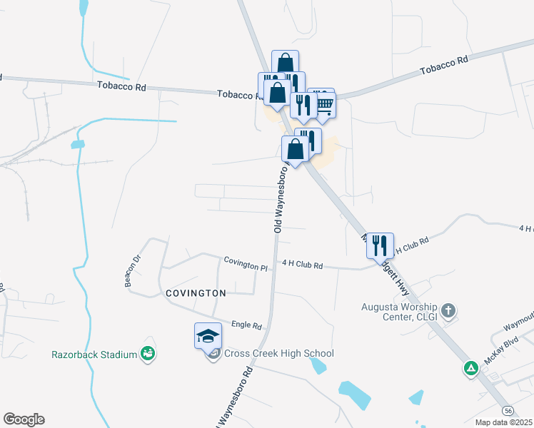 map of restaurants, bars, coffee shops, grocery stores, and more near 1416 Kingsman Drive in Augusta