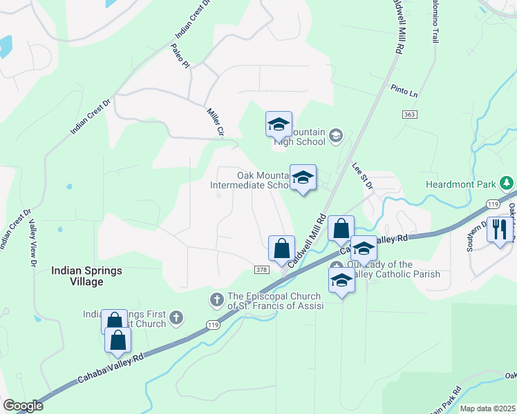 map of restaurants, bars, coffee shops, grocery stores, and more near 4938 Caldwell Mill Lane in Birmingham
