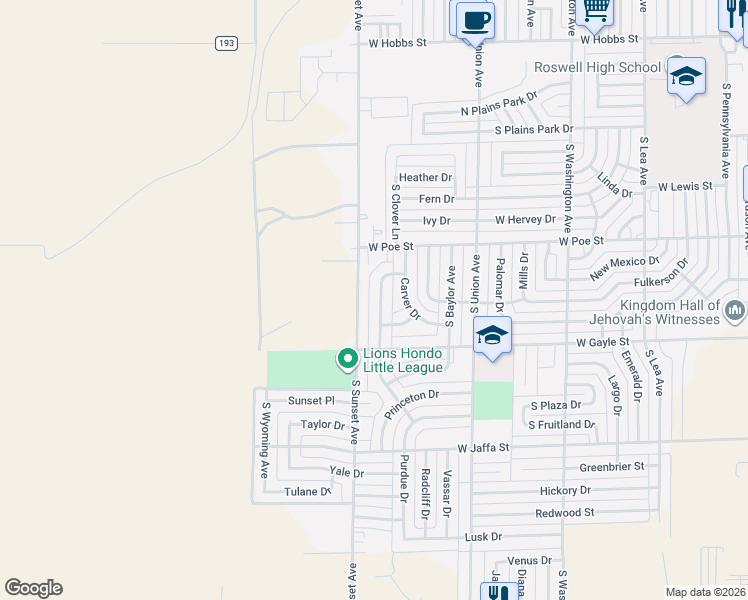 map of restaurants, bars, coffee shops, grocery stores, and more near 2401 South Sunset Avenue in Roswell