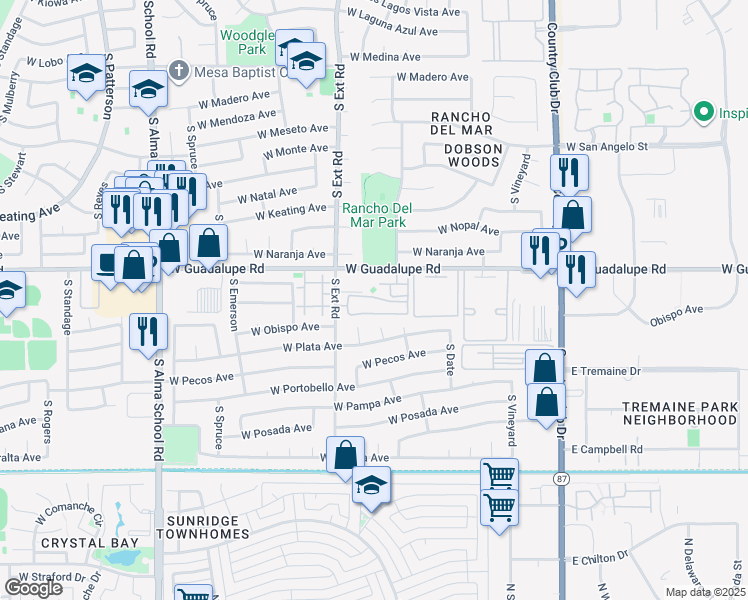 map of restaurants, bars, coffee shops, grocery stores, and more near 2855 South Extension Road in Mesa