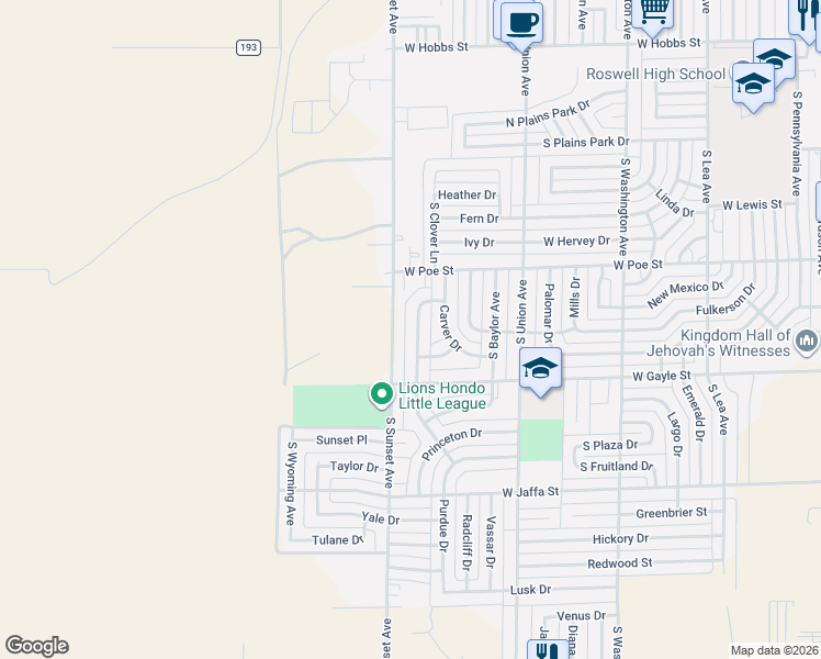 map of restaurants, bars, coffee shops, grocery stores, and more near 2401 South Sunset Avenue in Roswell