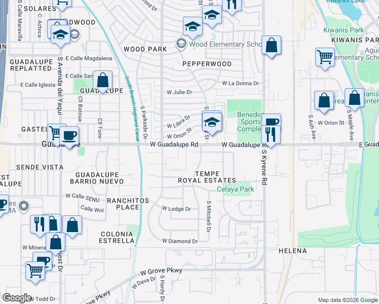 map of restaurants, bars, coffee shops, grocery stores, and more near 730 West Paseo Way in Tempe