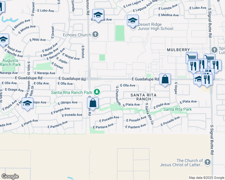 map of restaurants, bars, coffee shops, grocery stores, and more near 2848 South Chatsworth in Mesa