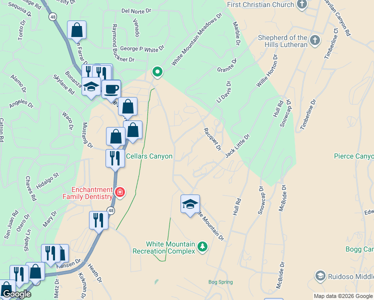 map of restaurants, bars, coffee shops, grocery stores, and more near 103 Don Snyder Drive in Ruidoso